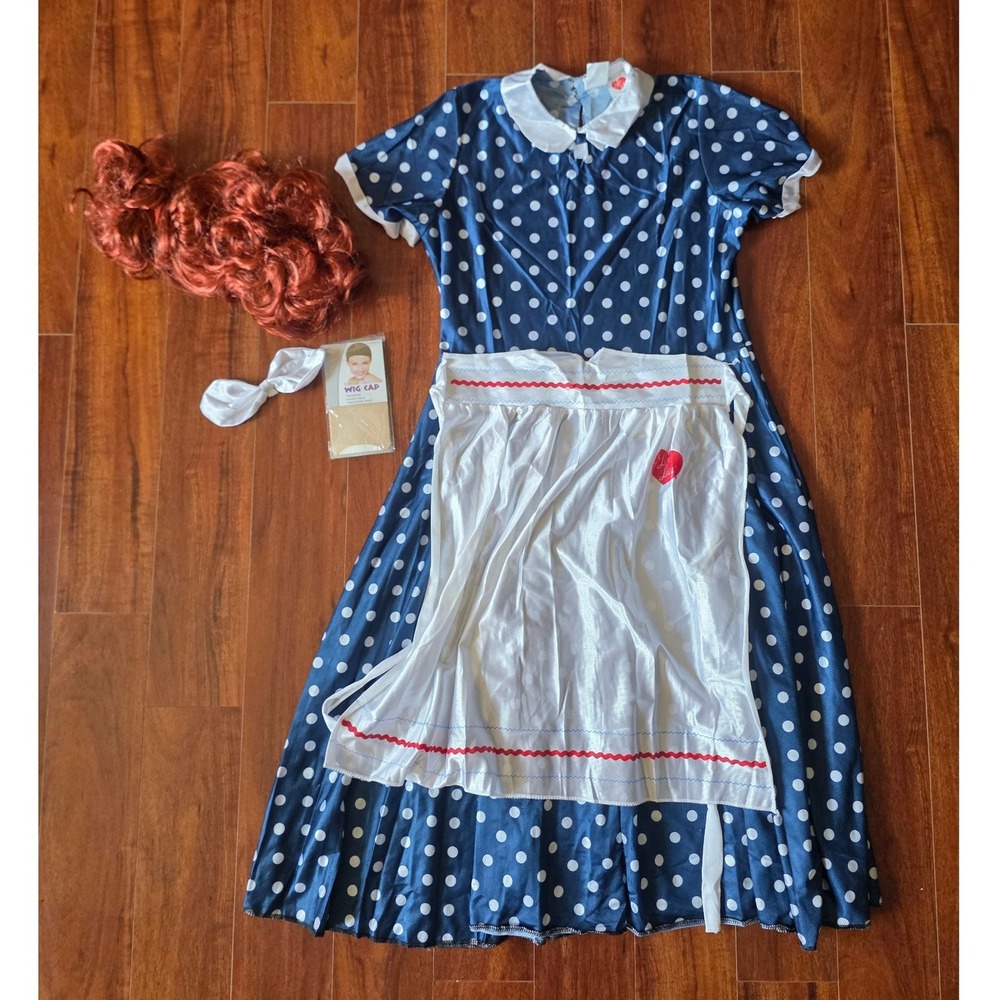I Love Lucy Halloween Costume Polka Dot Dress Wig Apron Set Womens Medium 10-12